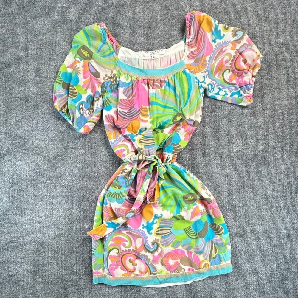 Trina Turk Dress Womens 0 Multicolor Paisley Floral Puff Sleeve Belted Flaw